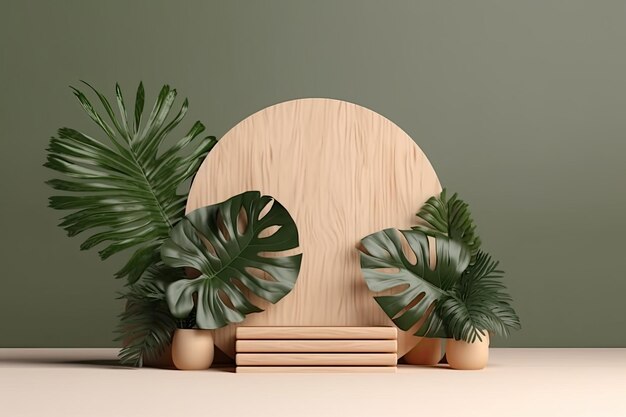 Wooden product display podium with blurred nature leaves on green background 3d rendering