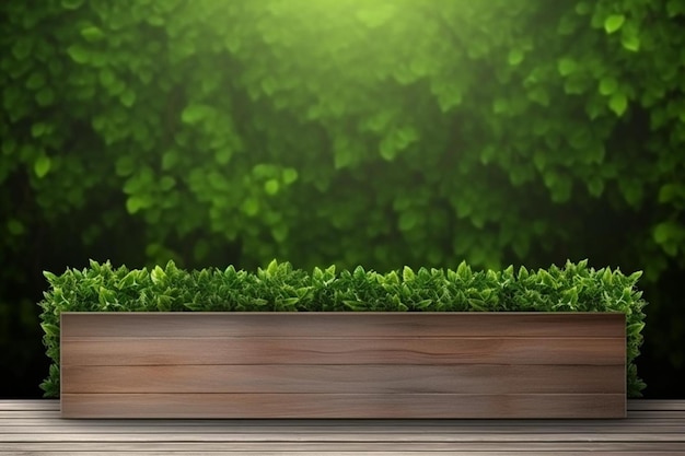 Фото Деревянный подиум для демонстрации продуктов с размытыми листьями природы на зеленом фоне