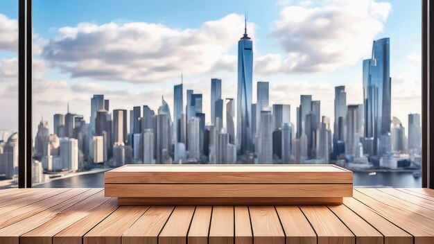 木製の製品ディスプレイポディウムでぼんやりした摩天楼のスカイラインの背景