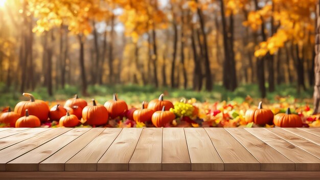 Photo wooden product display podium with blurred thanksgiving background