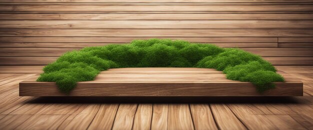 Photo wooden product display podium with natural green hedge and wooden planks background generated by ai