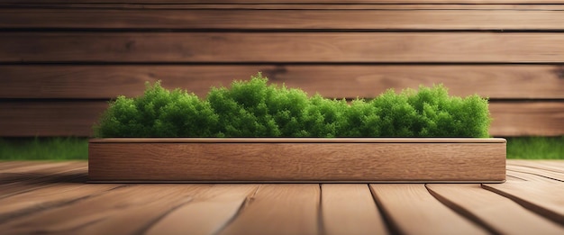 나무 제품 전시 포디움은 자연 녹색 헤지와 나무 판 배경으로 Ai에 의해 생성됩니다.