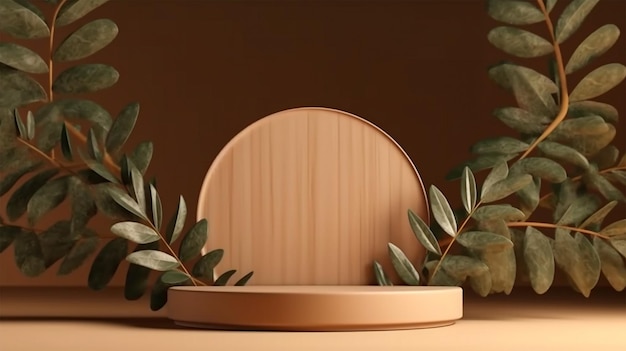 Wooden product display podium with nature leaves background Pedestal showcase product presentation makeup skincare 3D rendering Generative Ai