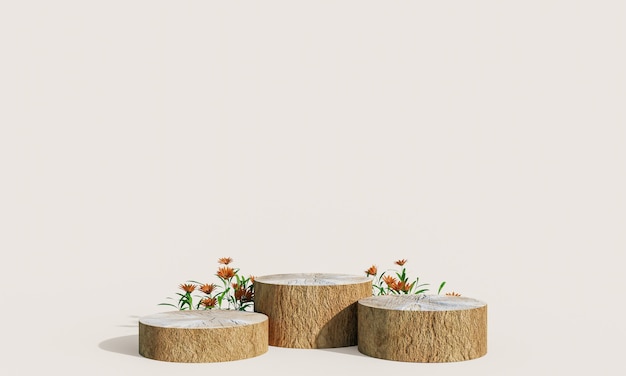 Wooden product display podium with nature leaves on pastel background. 3D rendering