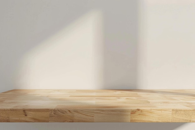 wooden product podium on beige background with sunray from windows