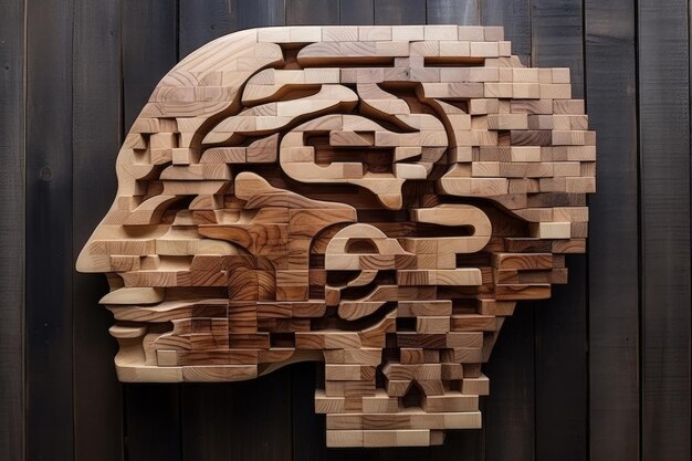 두뇌 모양의 구조로 형성된 나무 퍼즐 블록은 논리적 사고를 강조합니다.