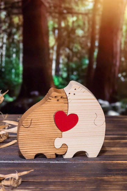 Photo wooden puzzle in the form of a handmade cat family on the background of the forest