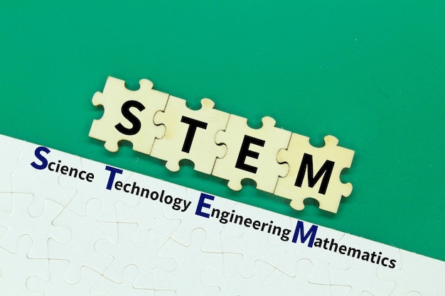 wooden puzzle with the letters STEM or the words science technology engineering and mathematics