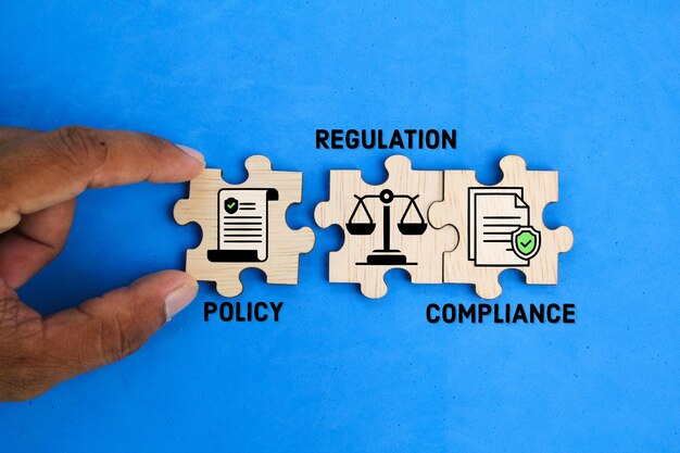 wooden puzzle and words are also icons of policy rules and compliance industrial concept