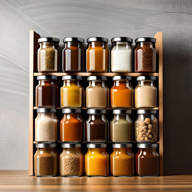 A wooden rack of spices including a spice rack with a variety of spices.