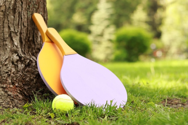 Wooden rackets and a green ball near a tree on the grass Items for outdoor sports