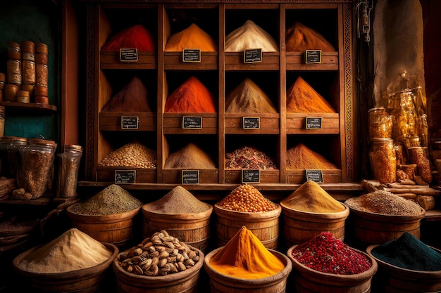 Wooden racks with spices in old middle eastern market