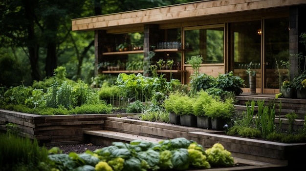 写真 現代の庭園栽培植物の木製のレイドベッド