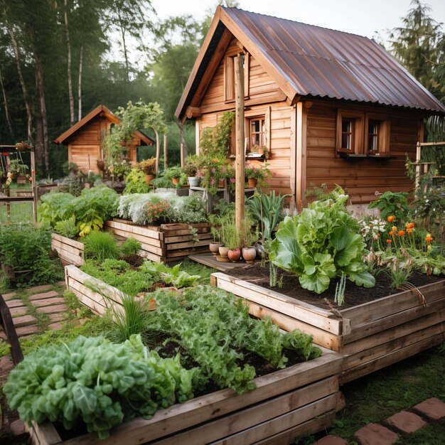 Photo wooden raided beds in modern garden growing plants herbs spices vegetables generative ai