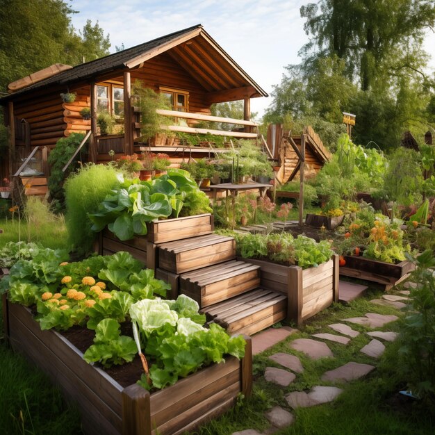 Photo wooden raided beds in modern garden growing plants herbs spices vegetables generative ai