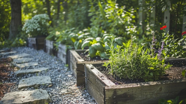 Wooden raised beds neatly arranged with rows of aromatic herbs