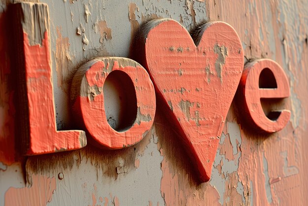 wooden red love text on a soft background