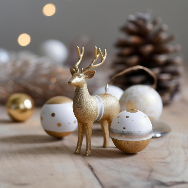 Wooden Reindeer with White and Gold Baubles in Snow Generative AI