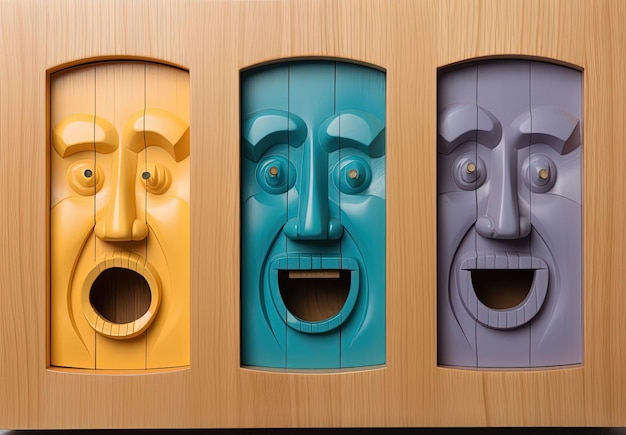 a wooden representation of five face emotions with a clock in the style of flat color blocks