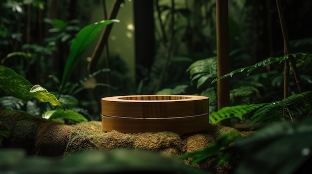 A wooden ring in the middle of a forest with green plants and trees in the background.