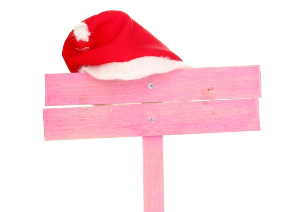 Wooden road sign with Santa hat isolaed on white