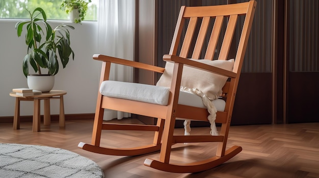 A wooden rocking chair in a room