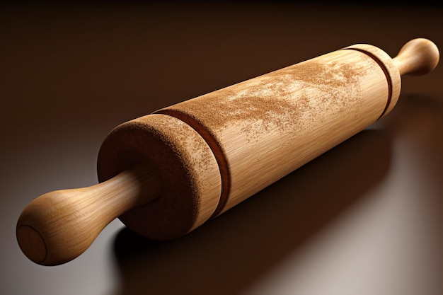 A wooden rolling pin is laying on a table.