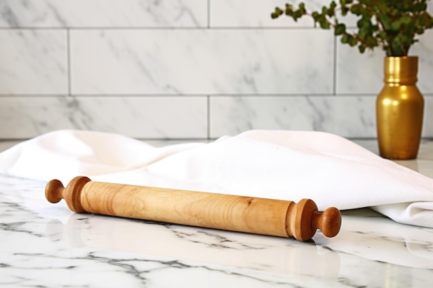 A wooden rolling pin on a marble countertop