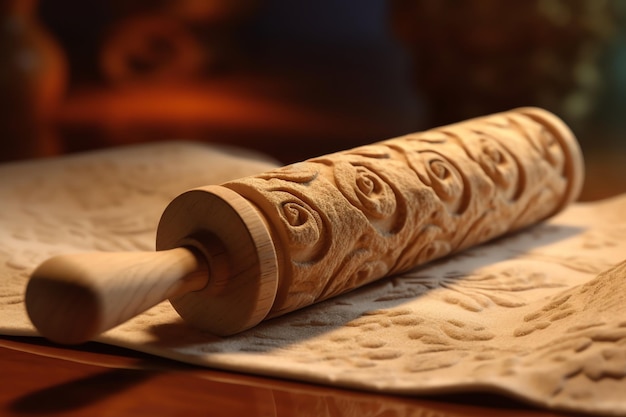 A wooden rolling pin with a pattern on it