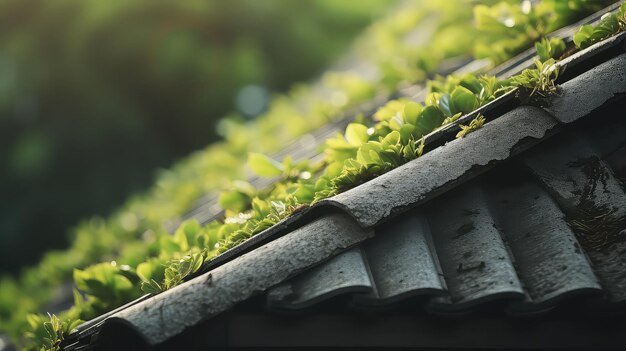 Wooden roof tiles with green moss in the garden vintage tone