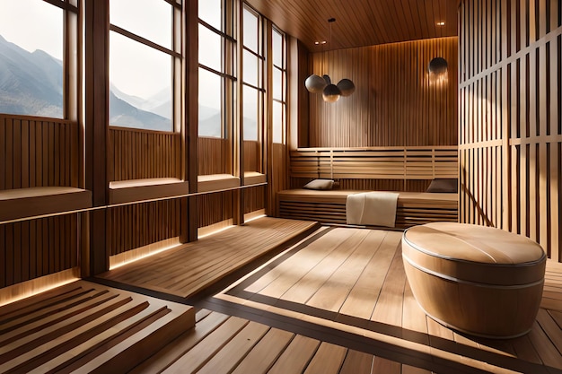 A wooden room with a bathtub and a window that says " spa ".