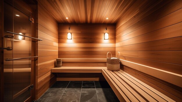 A wooden room with a bench and a basket on the right side.