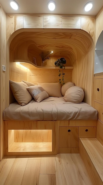 деревянная комната с диваном и подушкой на ней
