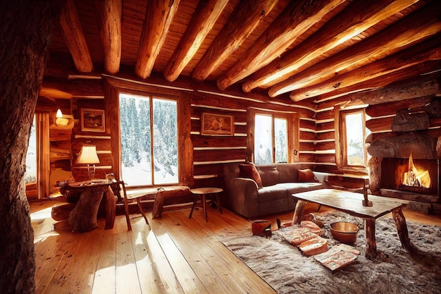 Wooden room with fireplace and grey sofa and burning fireplace