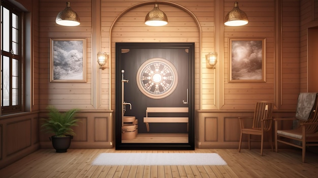 A wooden room with a large door that says'the sun '