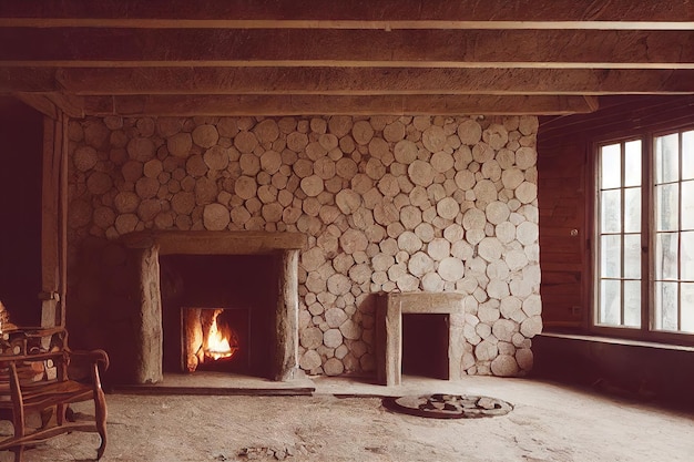 Wooden room with a lit fireplace