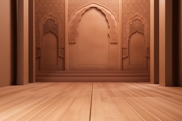 Деревянная комната со стеной и дверью с узором из арабских и арабских букв.