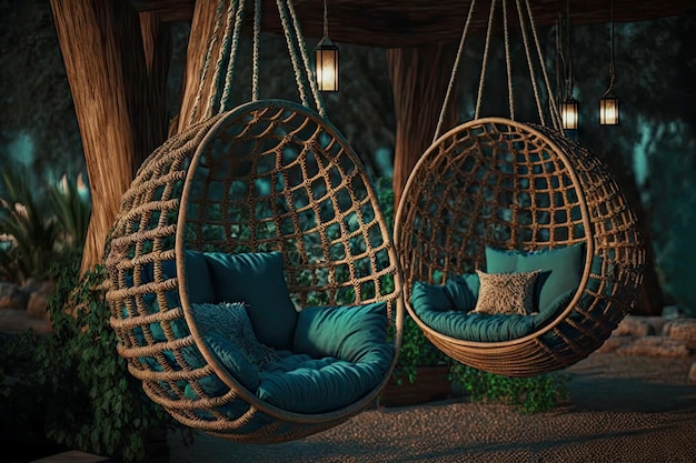 Wooden and rope hanging chairs in garden