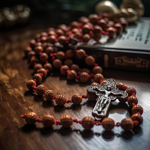 Foto rosario in legno e bibbia su uno sfondo scuro
