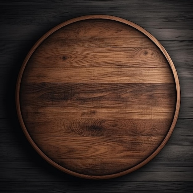 A wooden round plate on a dark background