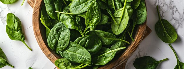 Photo wooden round plate with fresh spinach leaves top view