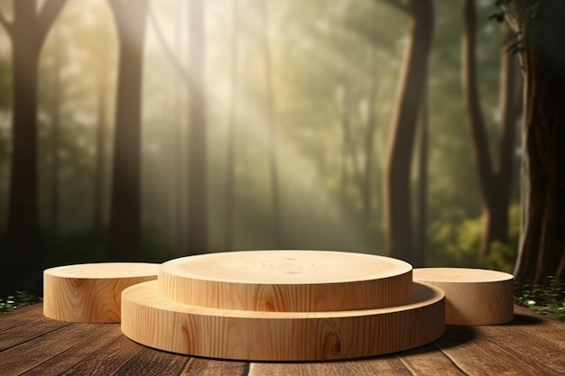 Wooden round plates on a table in a forest