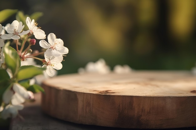 Wooden round platform empty pedestal for product advertising against backdrop of spring blooming garden Closeup soft focus Generative AI