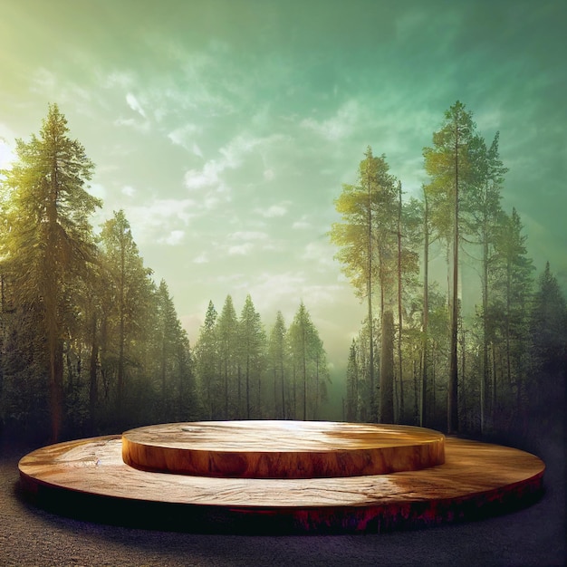 Wooden round podium realistic 3d illustration forest on the background scenery 3D render of empty product pedestal in natural environment green trees around soft day light