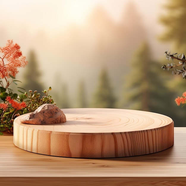 Wooden Round Podium Stage Field Landscape Background