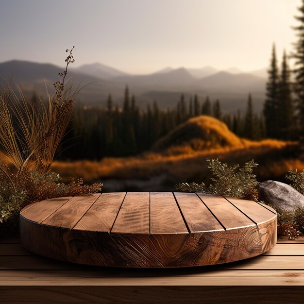 Wooden Round Podium Stage Field Landscape Background