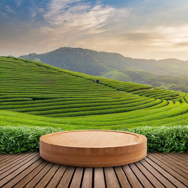 Photo wooden round podium stage with green tea field landscape background product display ai generated