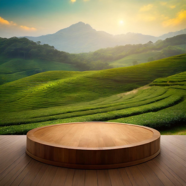 Деревянная круглая подиумная сцена с ландшафтом зеленого чайного поля