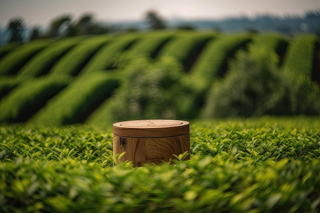 Деревянная круглая подиумная сцена с ландшафтным фоном поля зеленого чая Дисплей продукта, созданный AI
