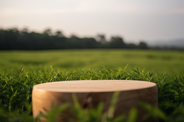 Wooden Round Podium Stage With Green Tea Field Landscape Background Product Display Generated By AI